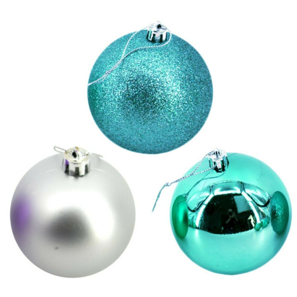 Turquoise Silver Baubles Bulk Pack Christmas Decoration Assorted Glitter 6cm