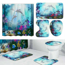 Dolphin Printed Bathroom Curtain Sets Shower Toilet Seat Covers Bath Mats Rugs