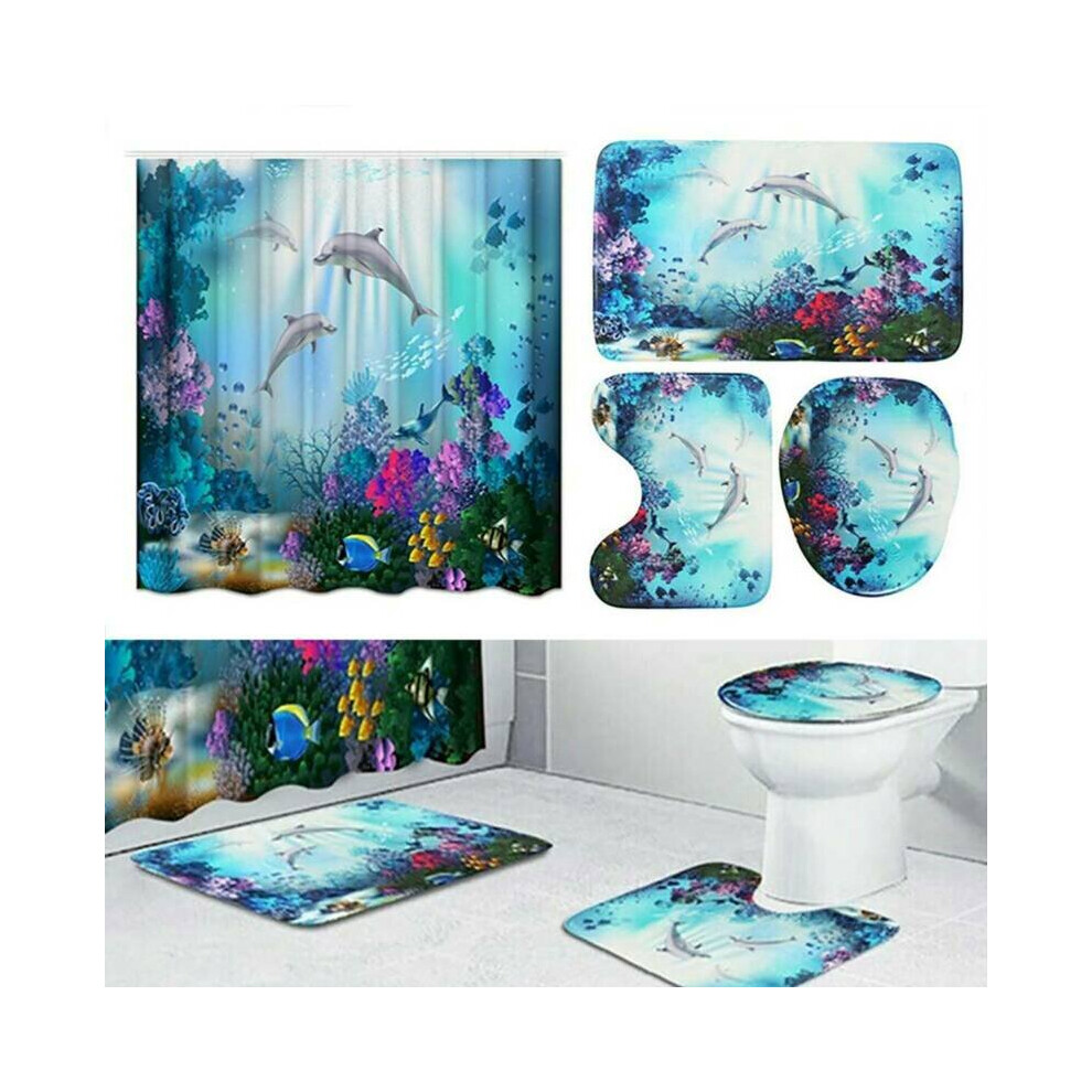 Dolphin Printed Bathroom Curtain Sets Shower Toilet Seat Covers Bath Mats Rugs