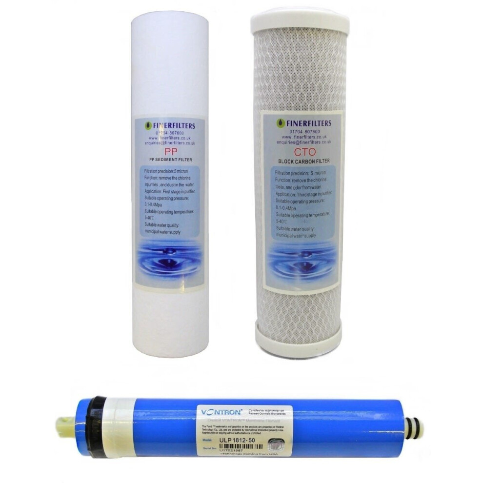 3 Stage Aquarium Reverse Osmosis 10" Drop In Replacement Water Filter Pack (PP & CTO) and 50 GPD Membrane by Finerfilters