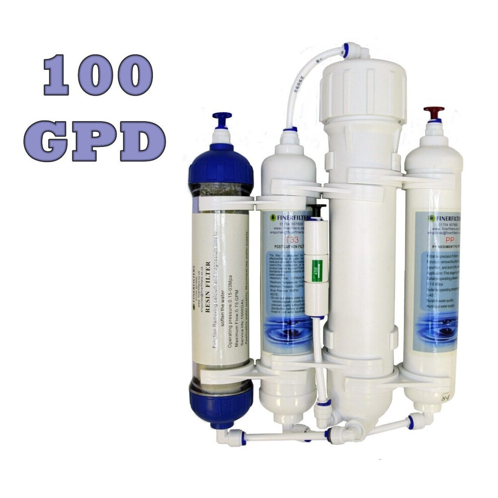 Finerfilters 4 Stage Compact Aquarium Reverse Osmosis Unit - 100 GPD with Inline DI Resin Chamber for Tropical, Marine & Discus Fish