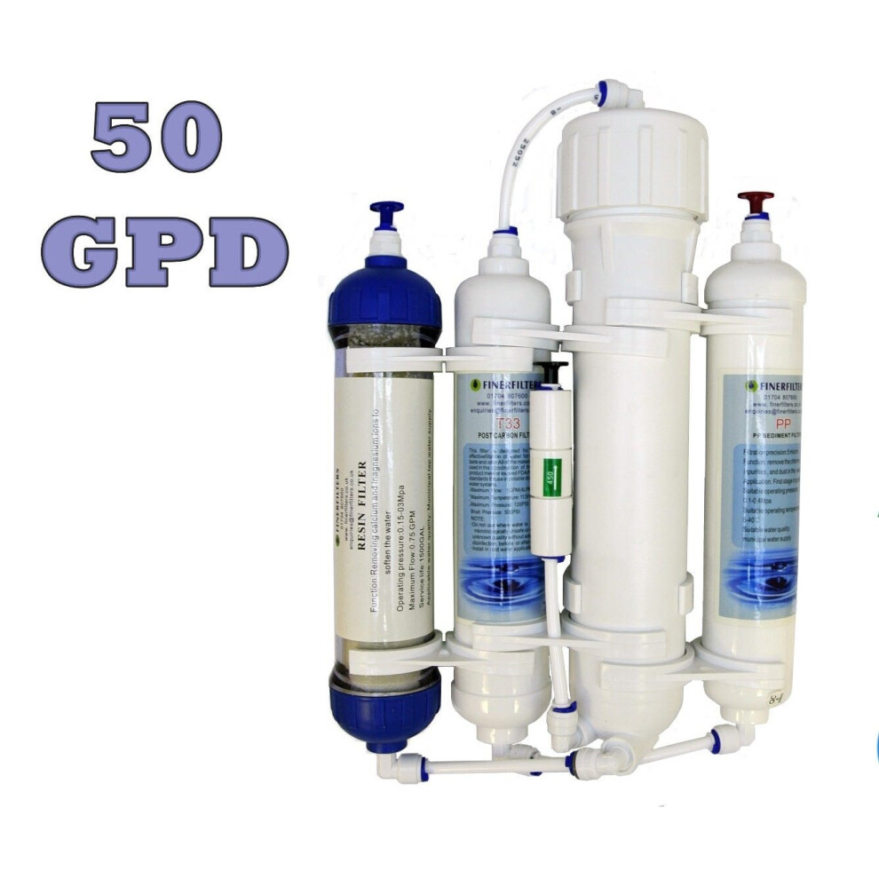 Finerfilters 4 Stage Compact Aquarium Reverse Osmosis Unit 50 GPD with Inline DI Resin Chamber for Tropical, Marine & Discus Fish