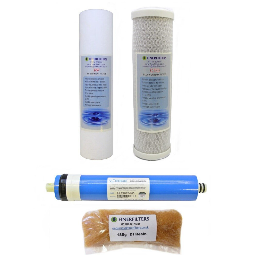 Finerfilters 4 Stage Aquarium Reverse Osmosis 10" Drop In Replacement Water Filters With 100 Gpd Membrane & 180G Di Resin By