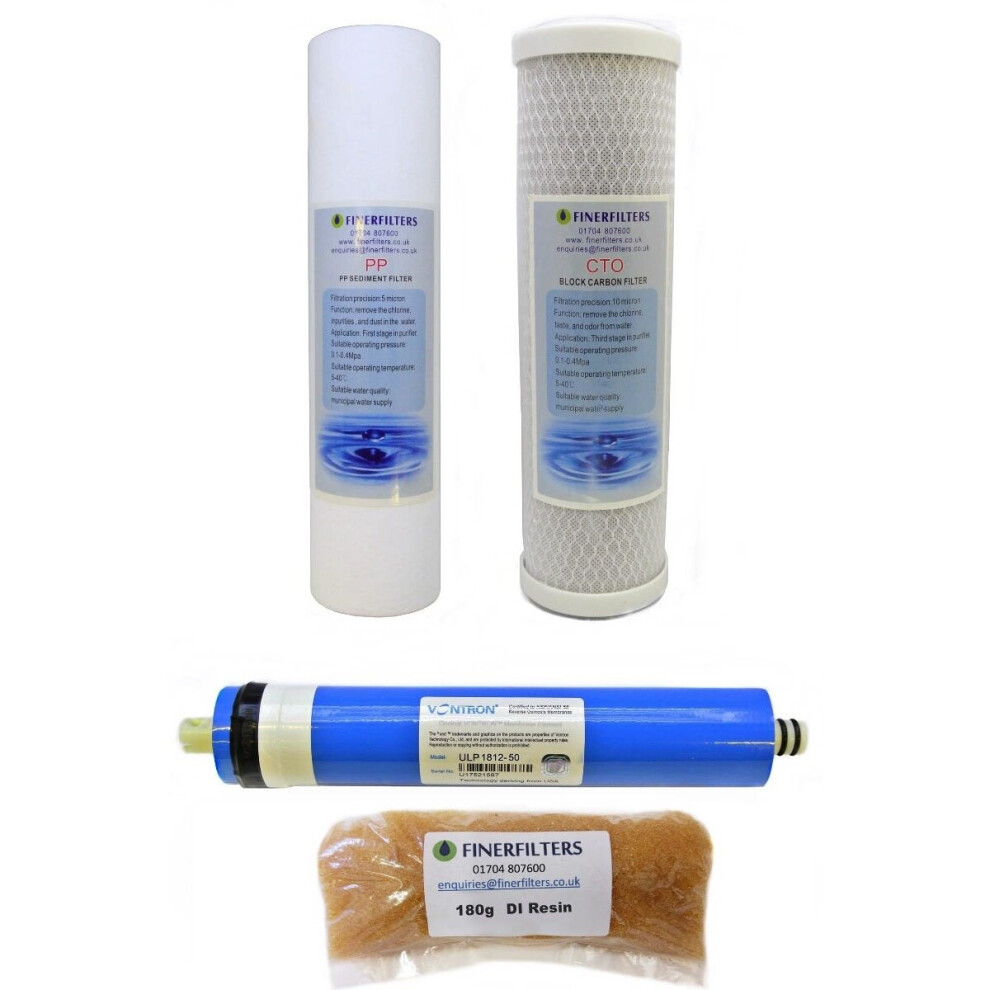 4 Stage Aquarium Reverse Osmosis 10" Drop In Replacement Water Filters with 50 GPD Membrane & 180g DI Resin by Finerfilters