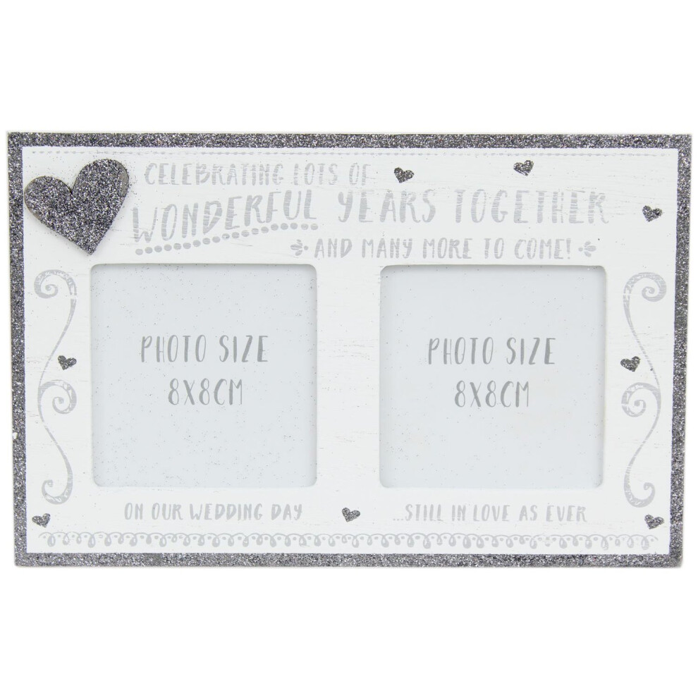 White Wooden Freestanding Silver Glitter Hearts Lots Wedding Anniversary Photo Frame