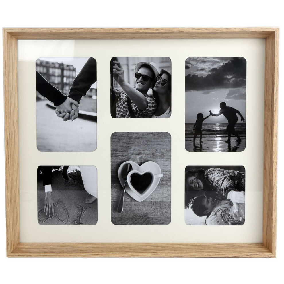 Natural Wooden Box Style 6 x Aperture Multi Photo Montage Collage Hanging Picture Frame With Mount