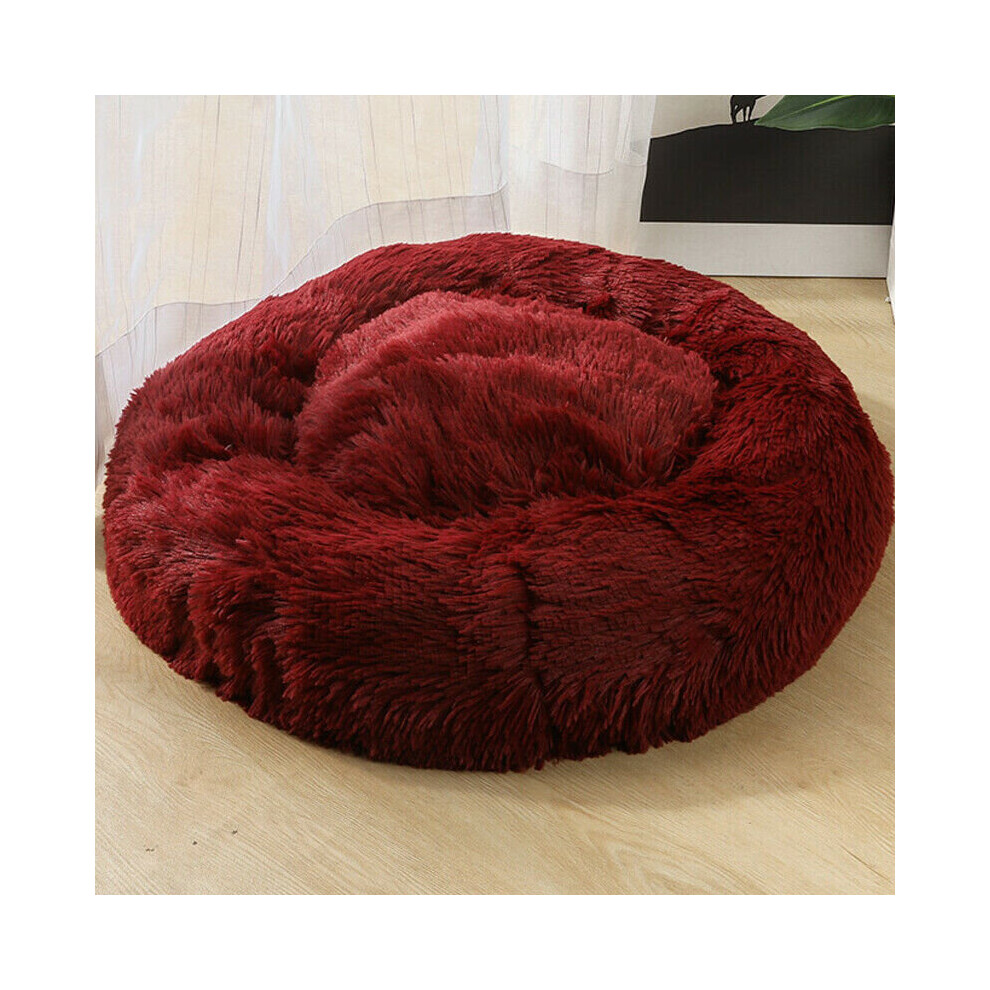 (Wine Red, 50cm) Pet Cat Dog Calming Beds Nest Warm Fluffy Plush Comfy Soft Mattress Donut Pads