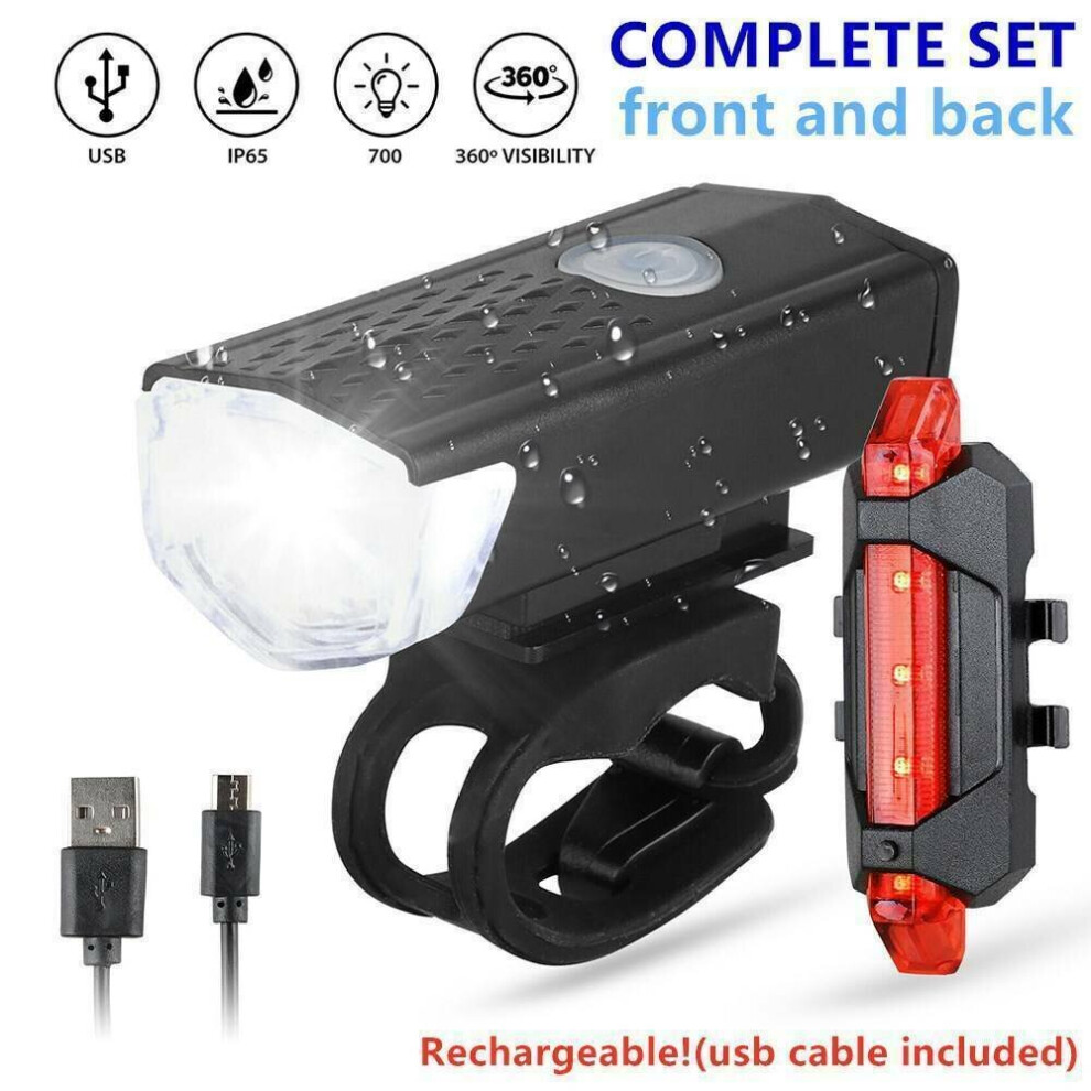 USB Rechargeable LED Bicycle Light Headlight Taillight Set Bike Cycle