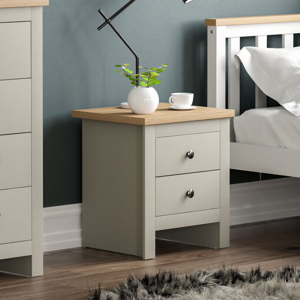 (Grey & Oak) Arlington 2 Drawer Bedside Chest Cabinet Oak Top