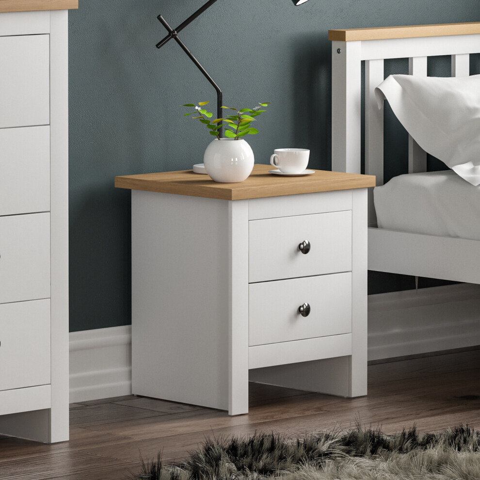 (White & Oak) Arlington 2 Drawer Bedside Chest Cabinet Oak Top