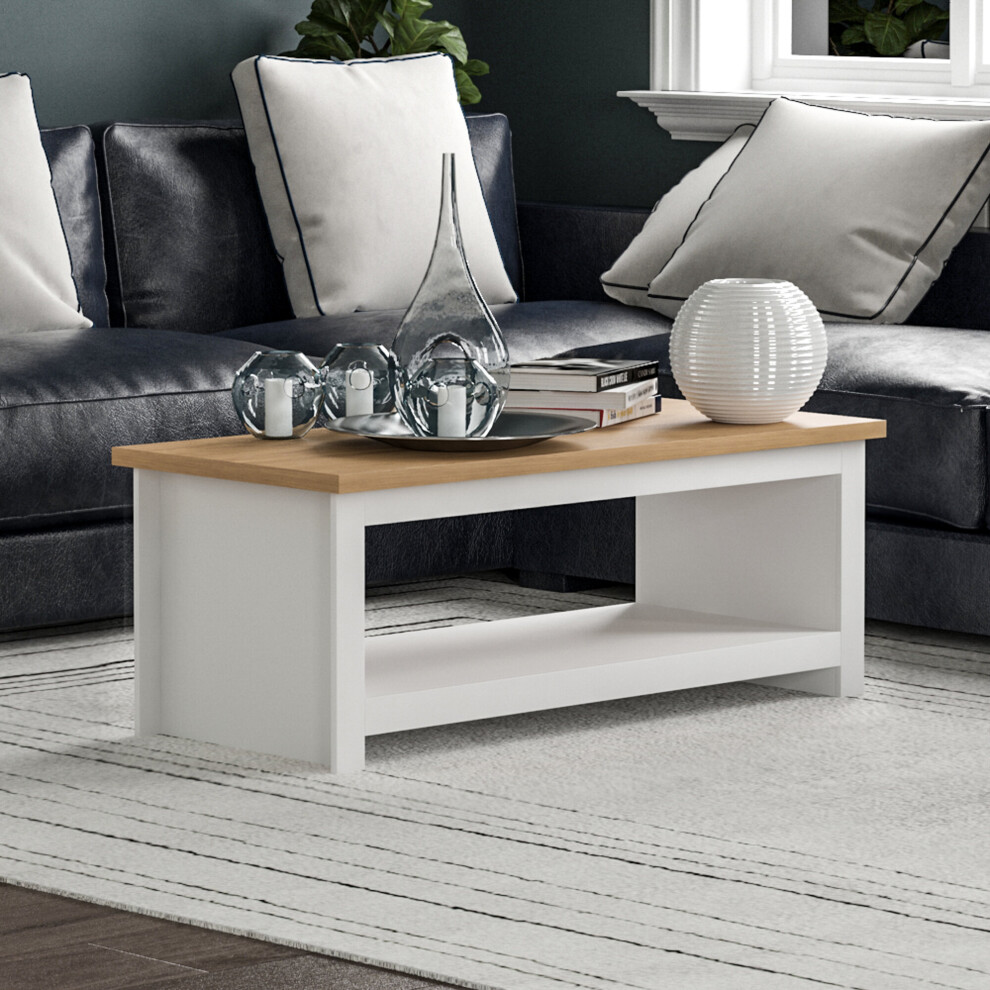 (White & Oak) Arlington Coffee Table Bottom Shelf Storage Oak