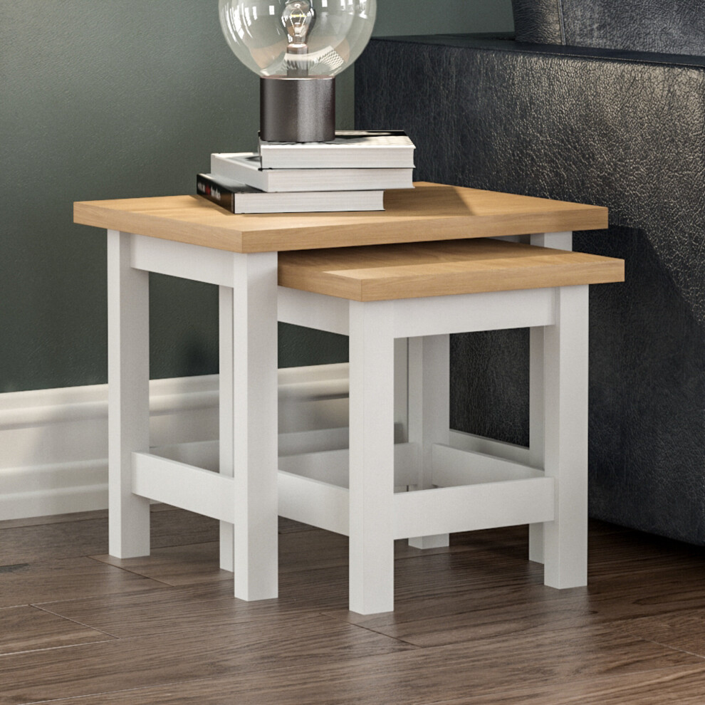 (White & Oak) Arlington Nest of Tables Set of 2 Lamp Side Table