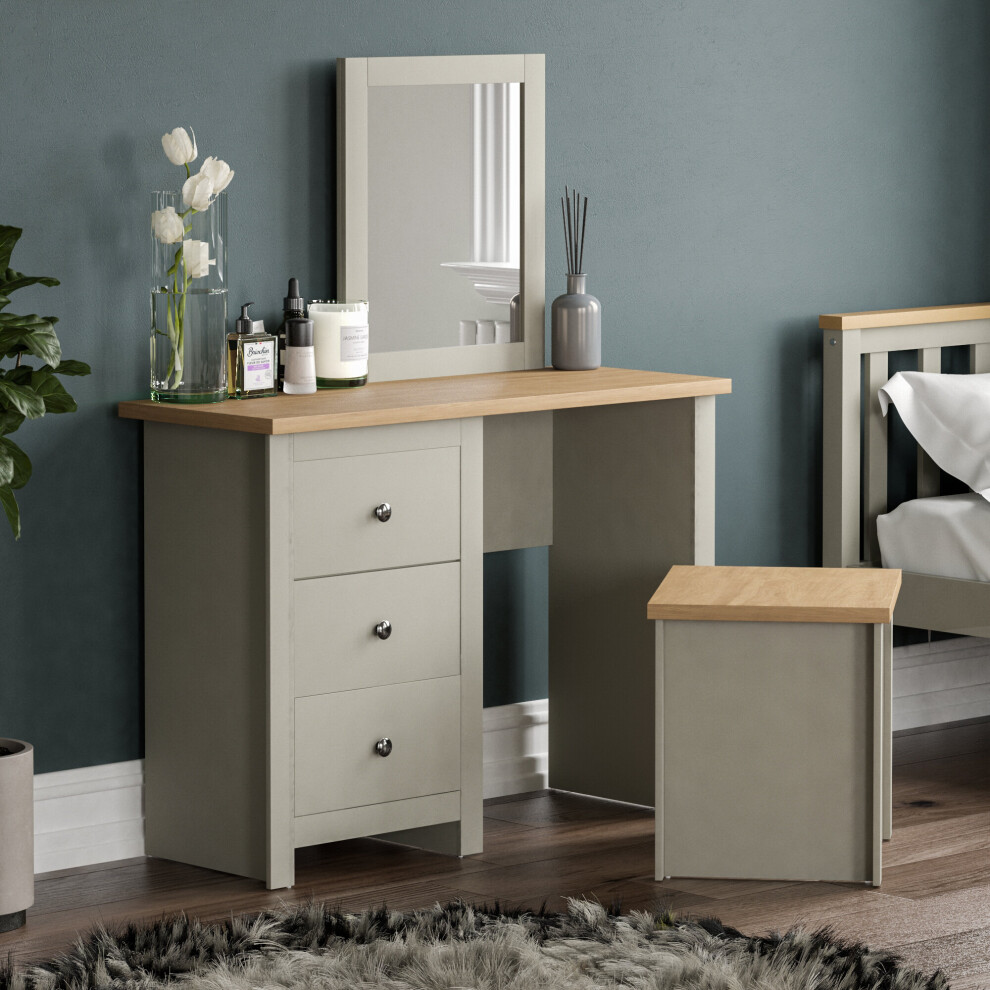 (Grey & Oak) Arlington 3 Drawer Dressing Table Mirror Stool Set