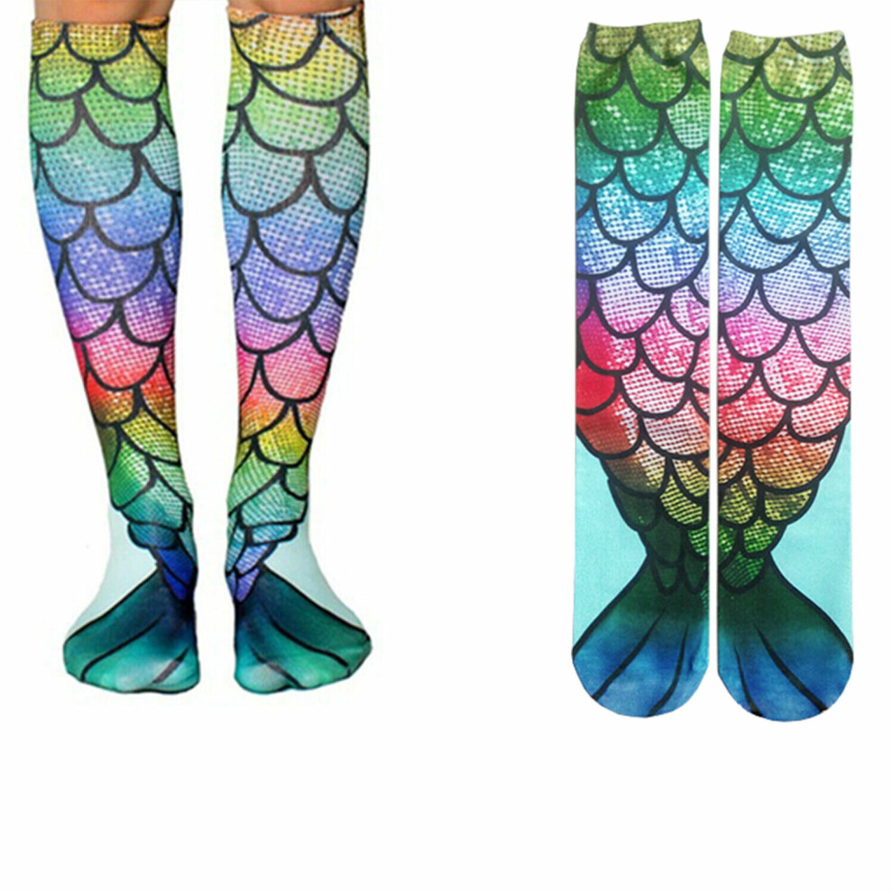 (Design 1) Mermaid Tail Print Women Girl Knee High Boot Socks