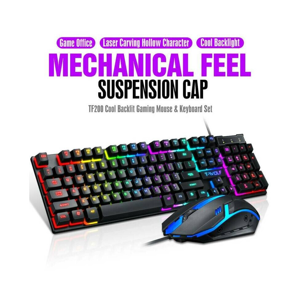 Gaming Keyboard and Mouse Set Combo Rainbow LED Backlit Wired USB for PC Laptop