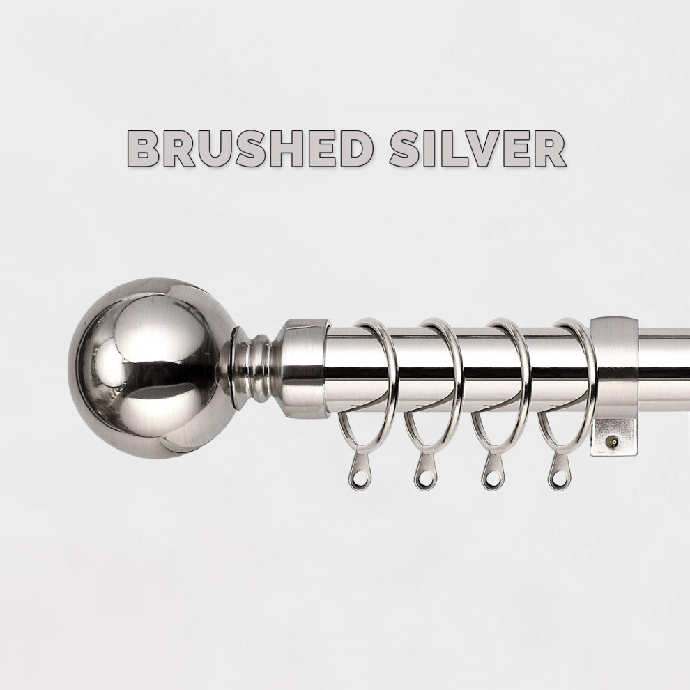 (Brushed Silver / Plain Ball, 70-120 cm (28" - 48" In)) Extendable Metal Curtain Pole 28 mm Includes Finials Rings Brackets & Rod Fittings