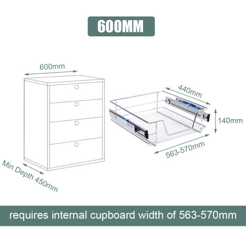 Living And Home (600mm, 1pcs) Metal Sliding Kitchen Cabinet Pull Out Wire Basket Organizer 2