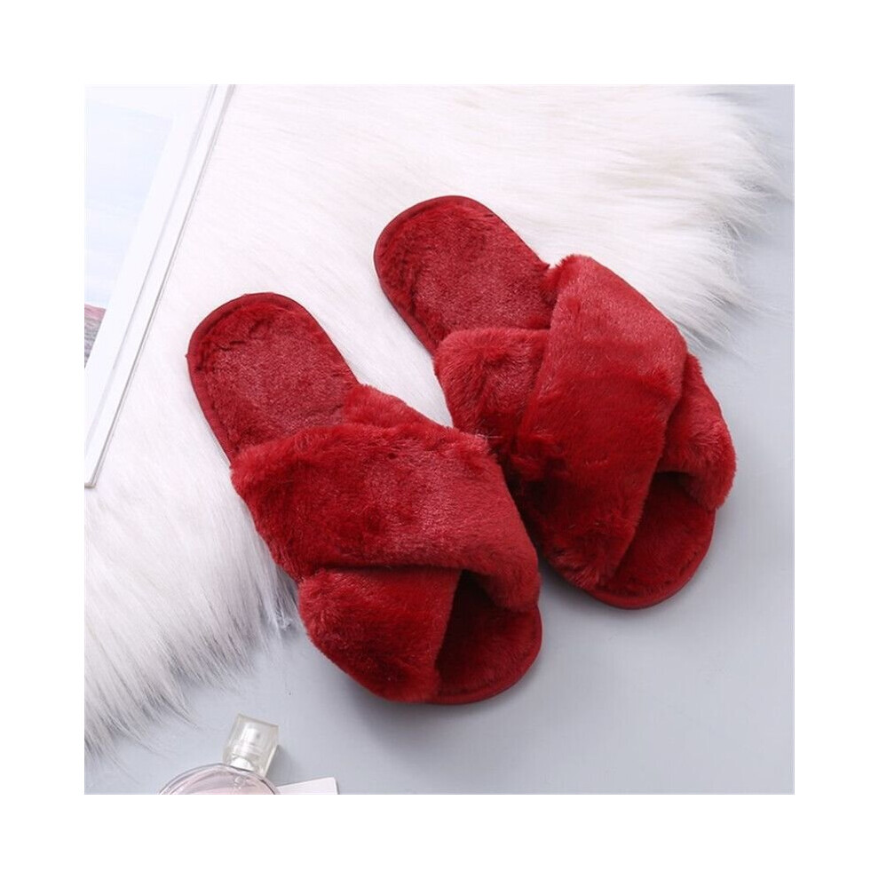(Red, EU40) Ladies Fur Fluffy Slippers Sliders Women Cross Over Open Toe Mules Shoes