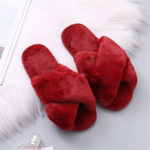 (Red, EU36) Ladies Fur Fluffy Slippers Sliders Women Cross Over Open Toe Mules Shoes