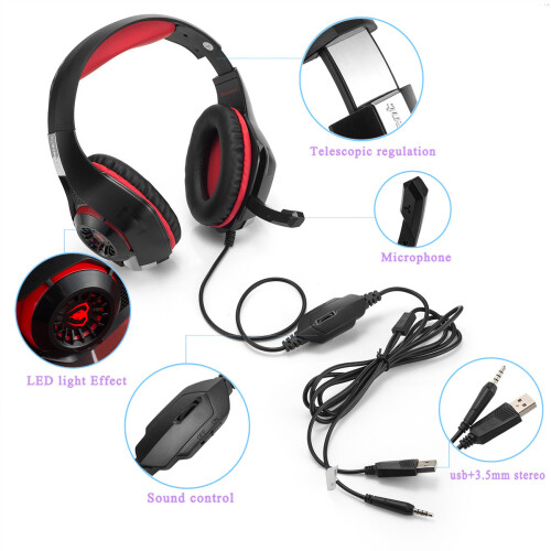 (Red) Head-mounted gaming headset Luminous Notebook USB 2