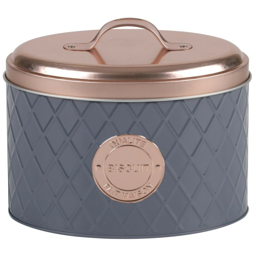 Copper Lid & Grey Cookie Tin Biscuit Container Modern Design