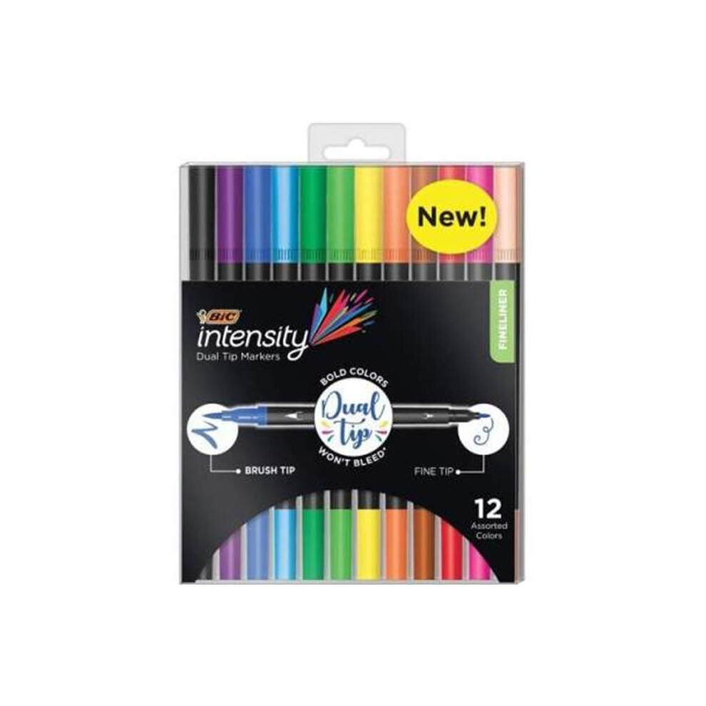 BIC BICFPINDP12AST Fineliner 2-in-1 Dual Tip Markers, Assorted Color - Pack of 12