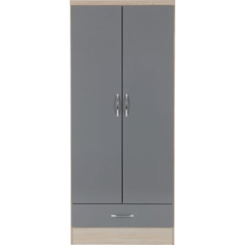 Seconique Nevada Wardrobe Grey 2 Door 1 Drawer Gloss and Oak Effect Hanging Rail 2