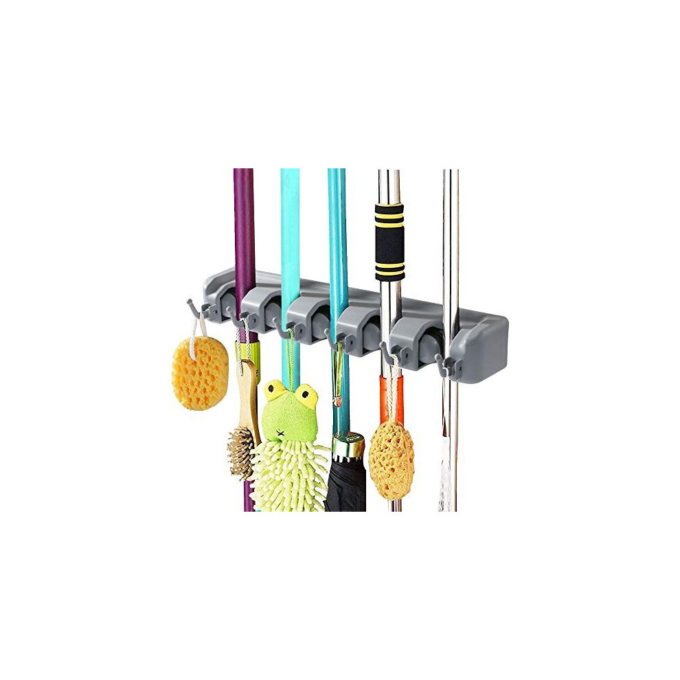 Vicloon Broom Mop Holder Tidy Organizer, Wall Mounted Organizer with 5 Position 6 Hooks for Brush Mop and Broom Tool Storage