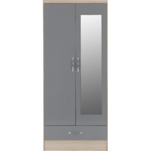 Seconique Nevada Mirrored 2 Door 1 Drawer Wardrobe Grey and Oak Effect 1