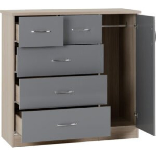 Seconique Nevada 5 Drawer 1 Door Low Wardrobe Grey Gloss and Light Oak Effect Veneer 1