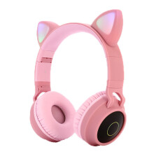 (Pink) Wireless Cat Ear Bluetooth Headphones LED Lights Earphone Kids