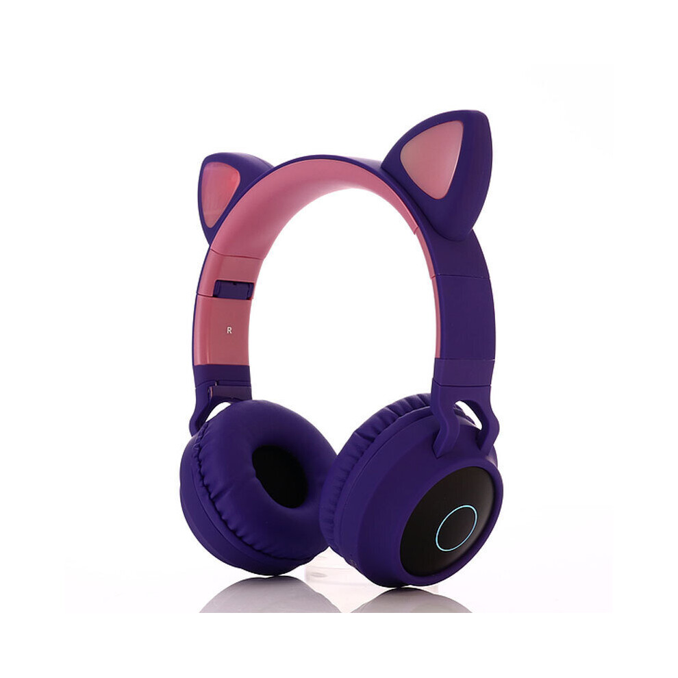 (Purple) Wireless Cat Ear Bluetooth Headphones LED Lights Earphone Kids