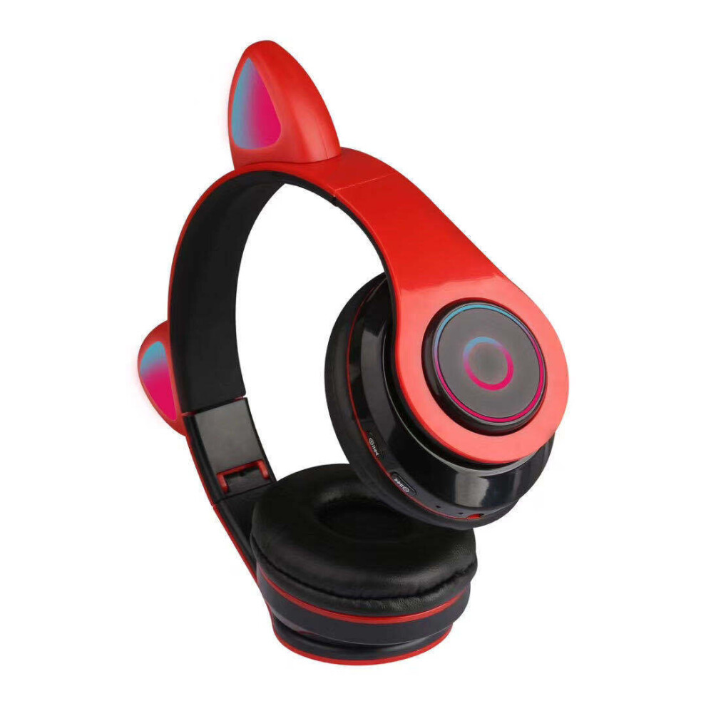 (Red) Wireless Cat Ear Headphones Rechargeable Foldable Bluetooth Gaming Headset Xmas Gift