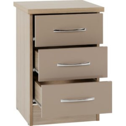 Seconique Nevada 3 Drawer Bedside Chest Oyster Gloss/Light Oak Effect Veneer