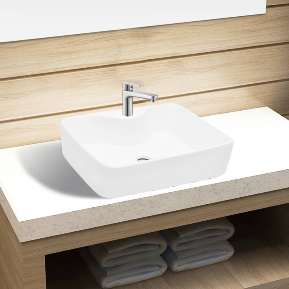 vidaXL Ceramic Bathroom Sink Basin with Faucet Hole White Square Counter Top