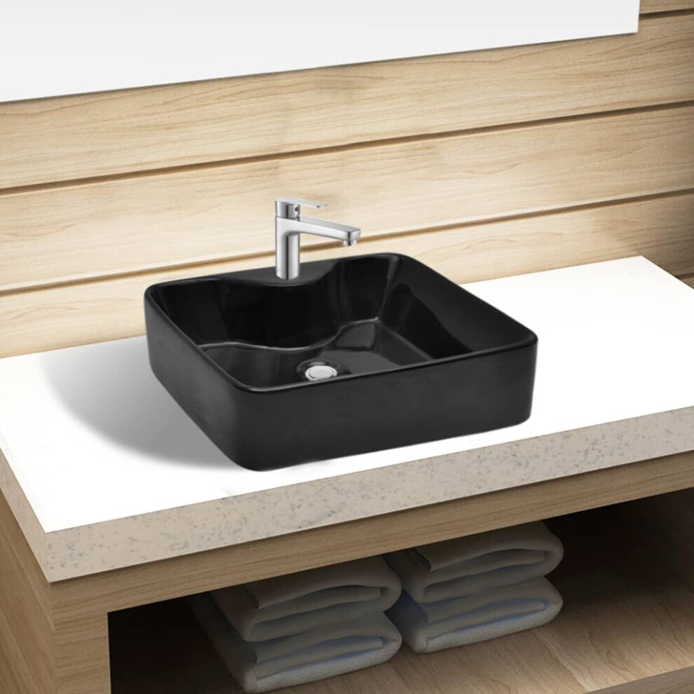 vidaXL Ceramic Bathroom Sink Basin with Faucet Hole Black Square Counter Top