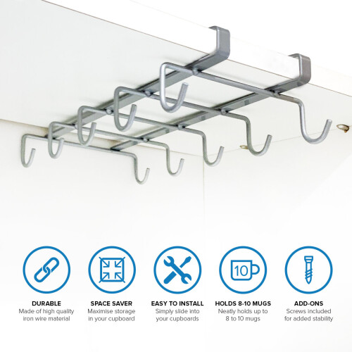 Mug Holder & Kitchen Cupboard Shelf Organiser with Mug Hooks 2