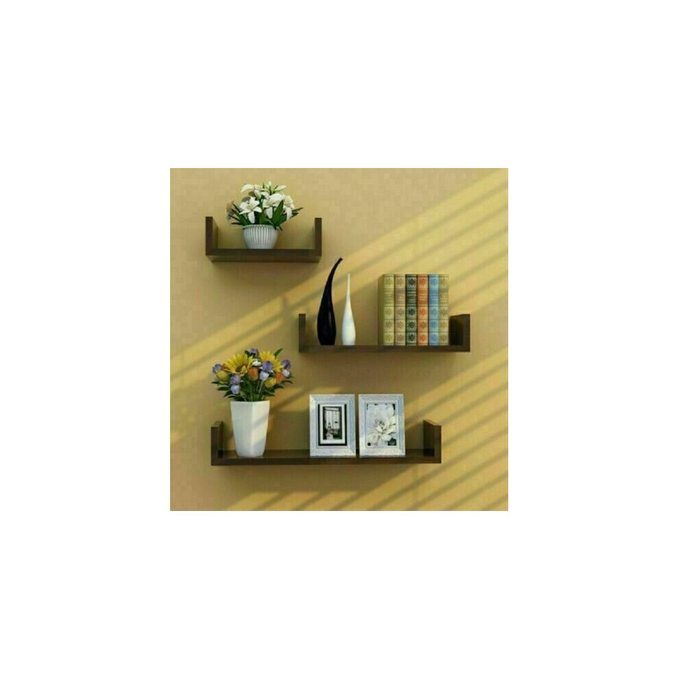Wooden Set 3 U Shape Floating Wall Shelves Decor Storage Shelf Walnut 5002111457778
