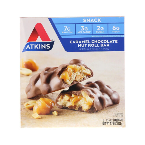 Atkins, Caramel Chocolate Nut Roll Bar, 5 Bars, 44g Each