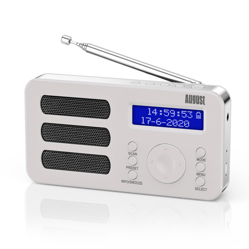 August (White) Dab/Dab+/Fm Portable Digital Radio Alarm Clock With Rechargable Battery - Mb225 White