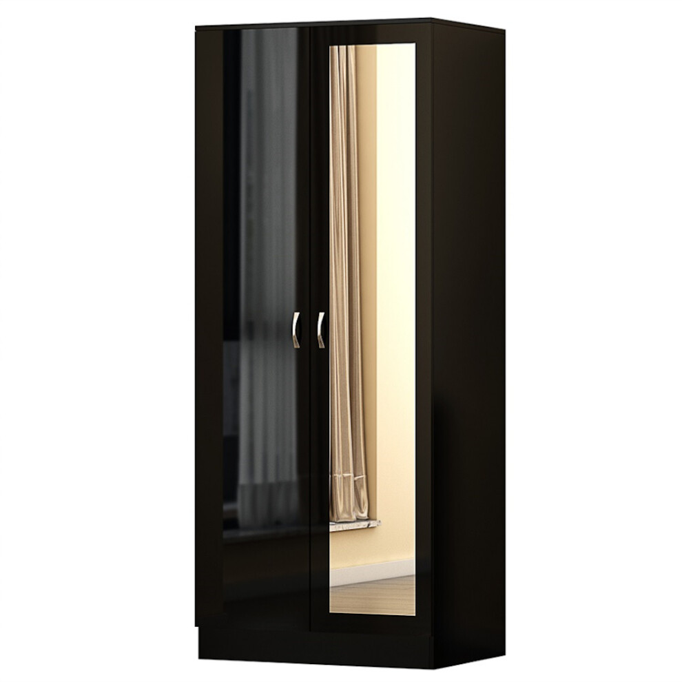 2 Door High Gloss Black Mirrored Double Wardrobe - Chilton