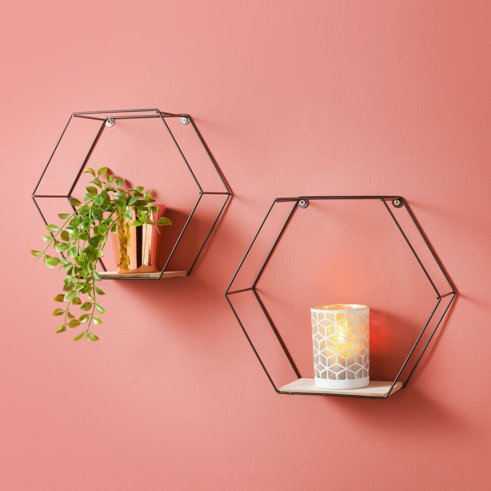 Set of 2 Metal Wired Hexagon Wall Floating Shelves Elegant Design G-0356