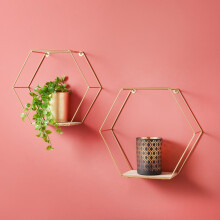 Set of 2 Metal Wired Hexagon Wall Floating Shelves Elegant Design G-0355