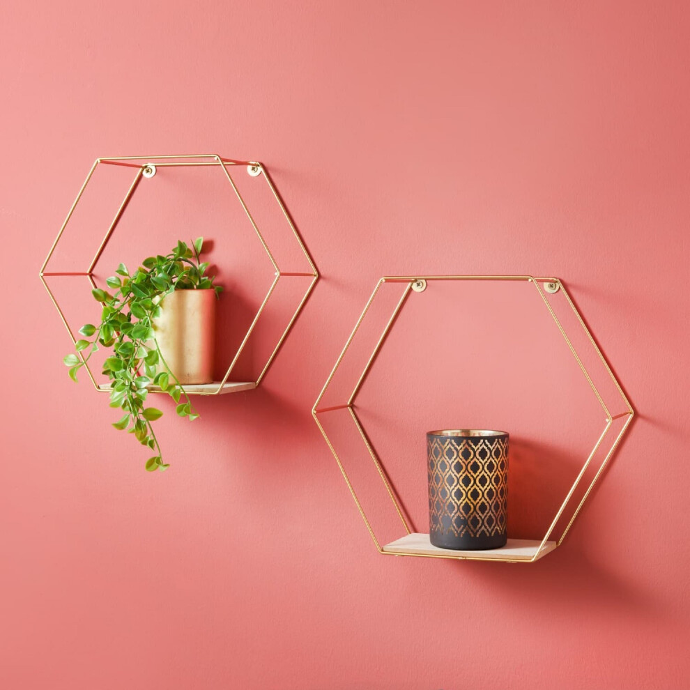 Set of 2 Metal Wired Hexagon Wall Floating Shelves Elegant Design G-0355