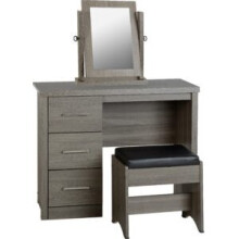 Lisbon 3 Piece Dressing Table Set with Mirror Black Wood Grain/Black Faux Leather