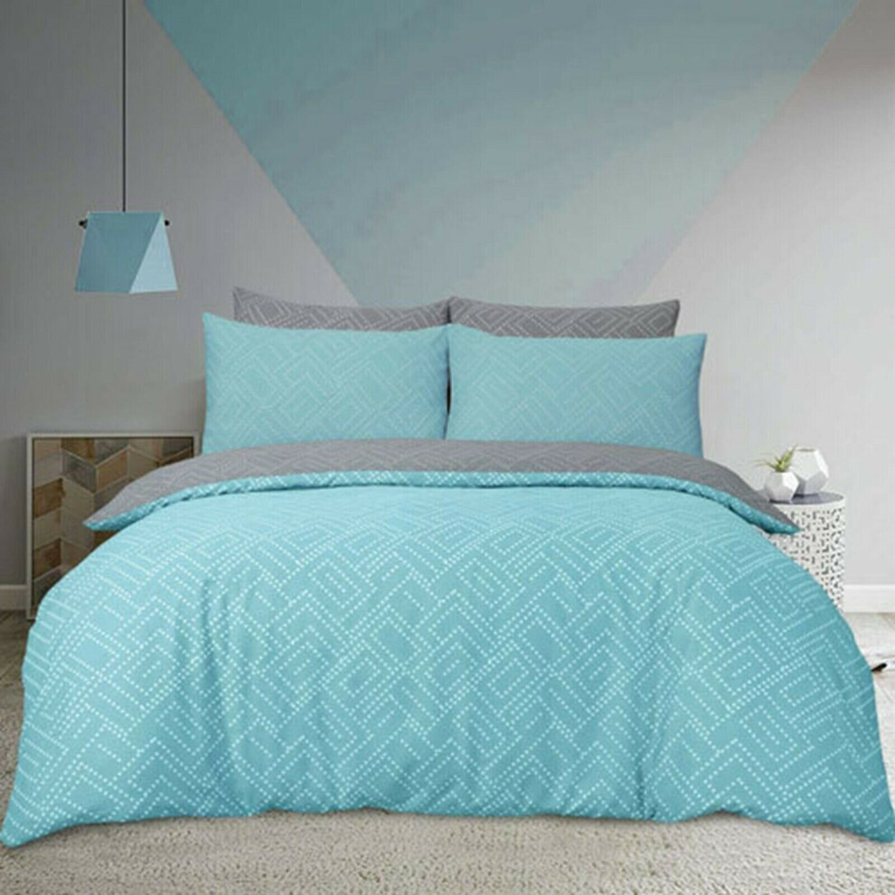 Duvet Cover Set Double Cotton Geometric Dots Light Blue & Grey Bedset Reversible