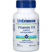 Life Extension, Vitamine D3 avec Iode Marin, 125 mcg (5 000 UI), 60 Gélules