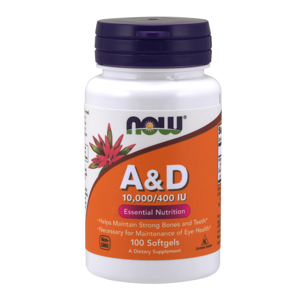NOW Foods Vitamin A & D 10000/400 IU Maintains Strong Bones & Teeth 100 Softgels