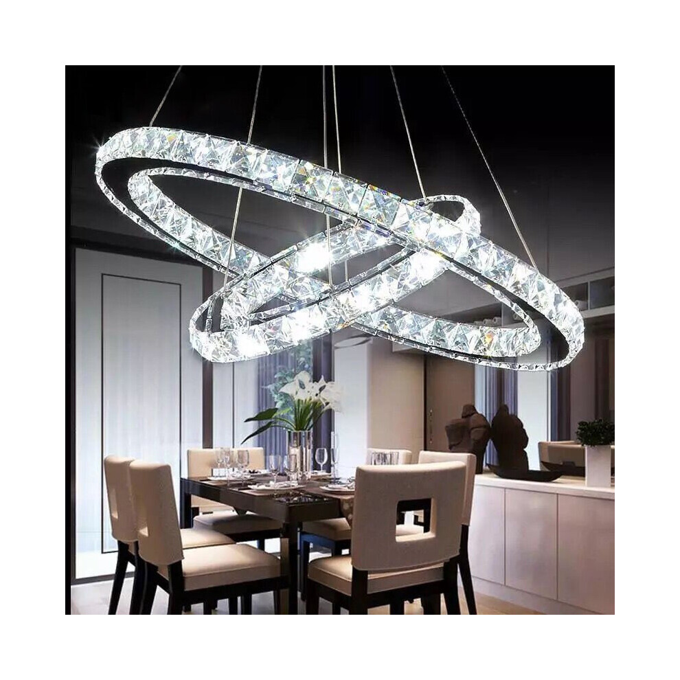 (Cool White, 40+60cm) Adjustable LED Crystal Pendant Light Ring Chandelier Ceiling Lamp