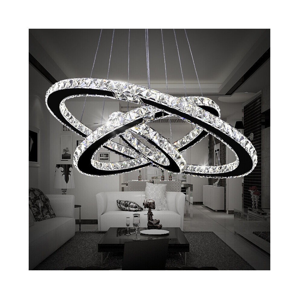 (Cool White, 20+40+60cm) Adjustable LED Crystal Pendant Light Ring Chandelier Ceiling Lamp